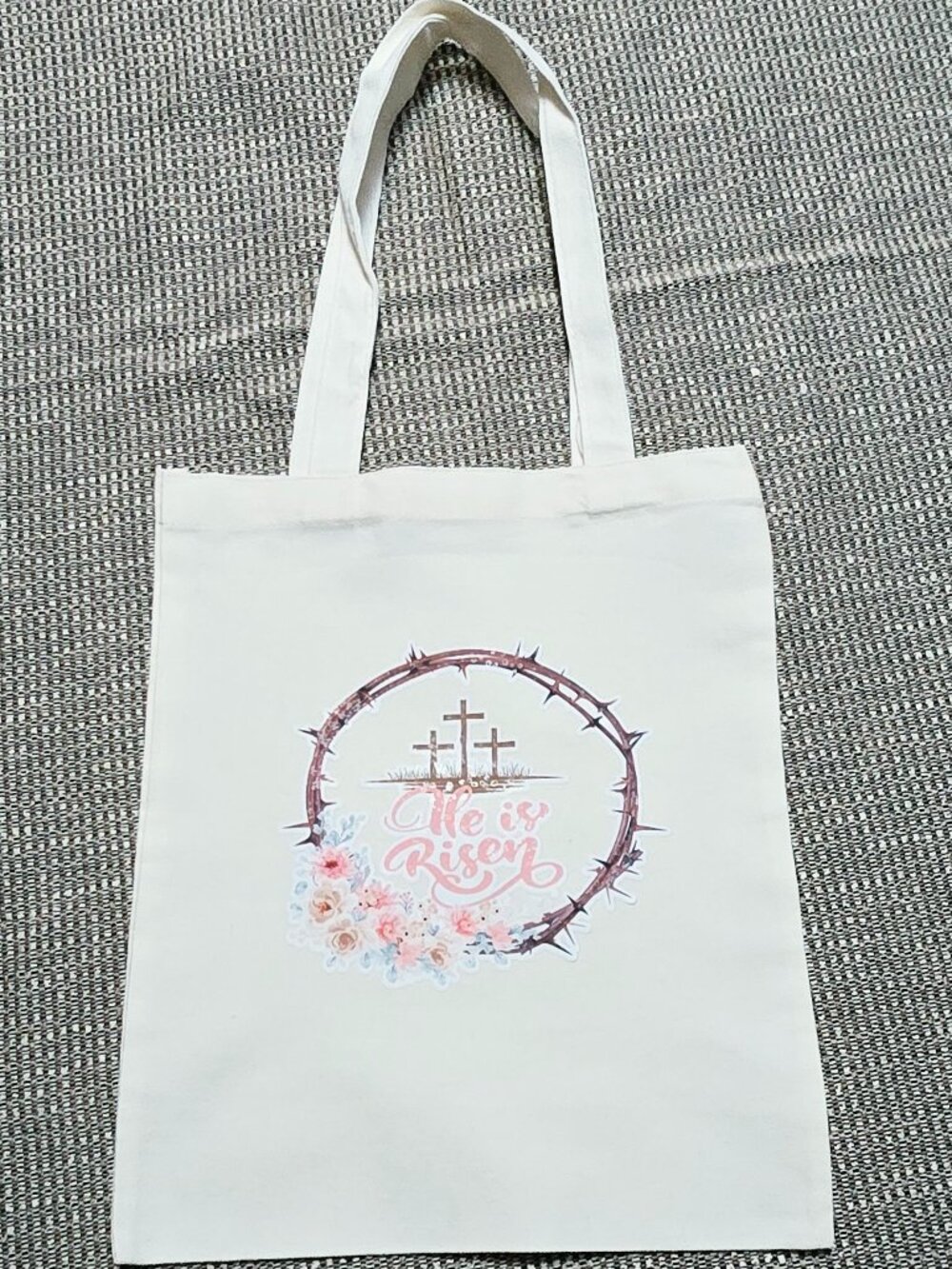 NWOT CANVAS TOTE BAG, GROCERY BAG, TRAVEL BAG, FLORAL "HE IS RISEN" 12" X 14"